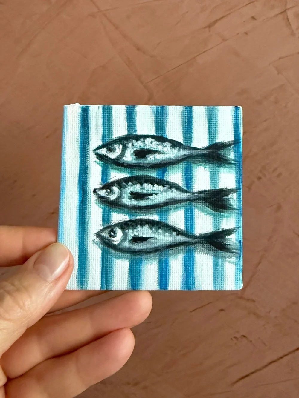 Hand-Painted Blue Striped Fish Mini Canvas Art - fridge magnet